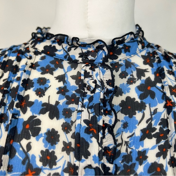 Jigsaw Blouse Size 10 Blue Floral Long Sleeves Ruffle Trims Chiffon - Picture 3 of 6